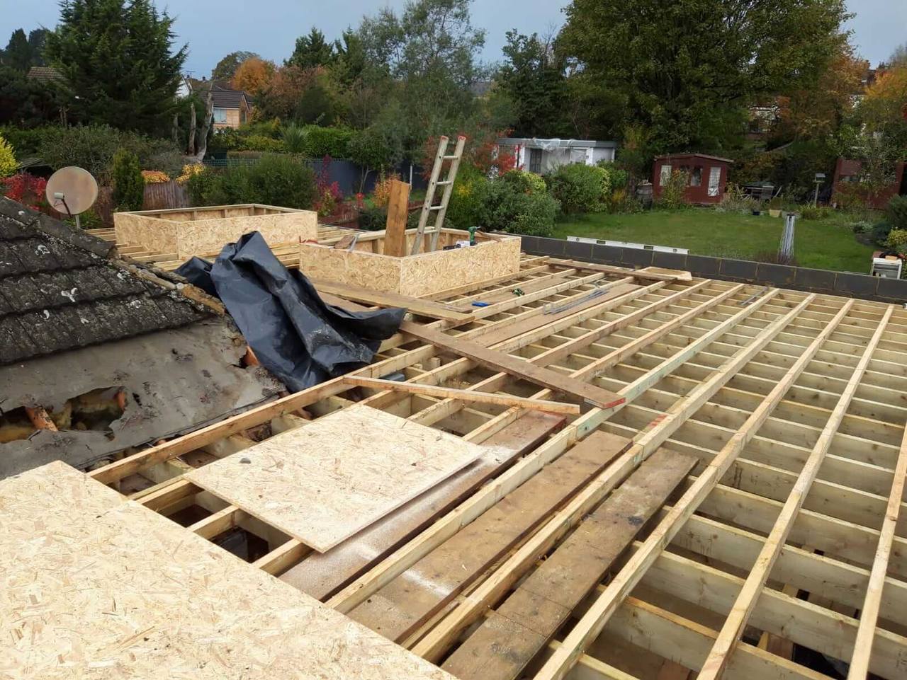 New flat-roof joists laid across a large extension, with timber rooflight upstands and a garden beyond